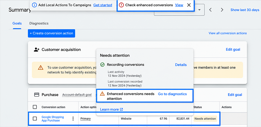 Check conversion action status