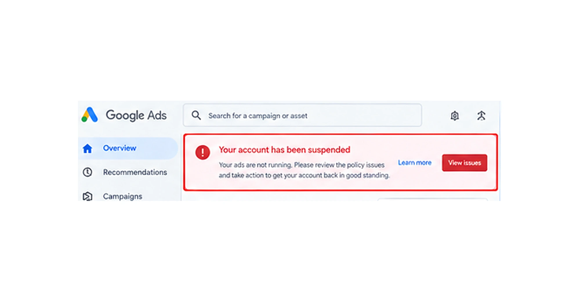 Account suspension alert banner in Google Ads