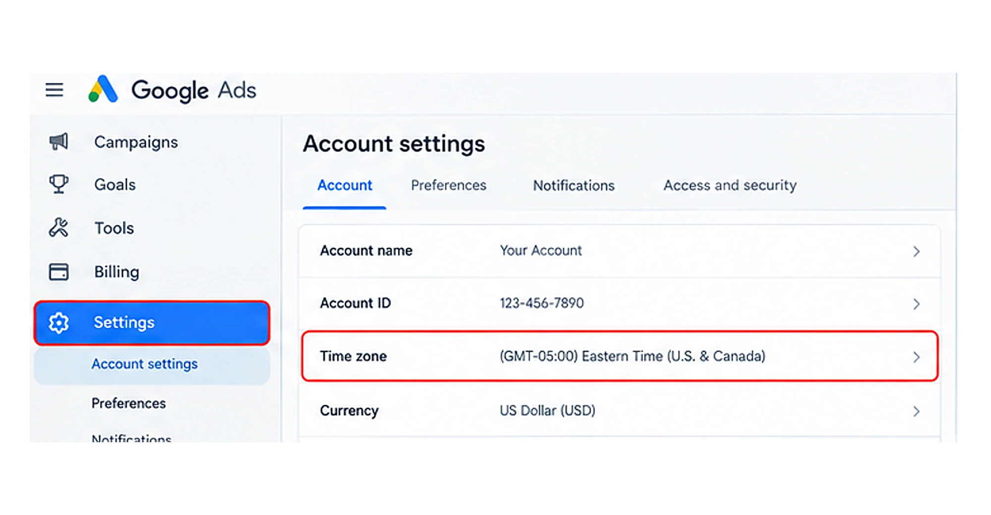 Google Ads account time zone settings
