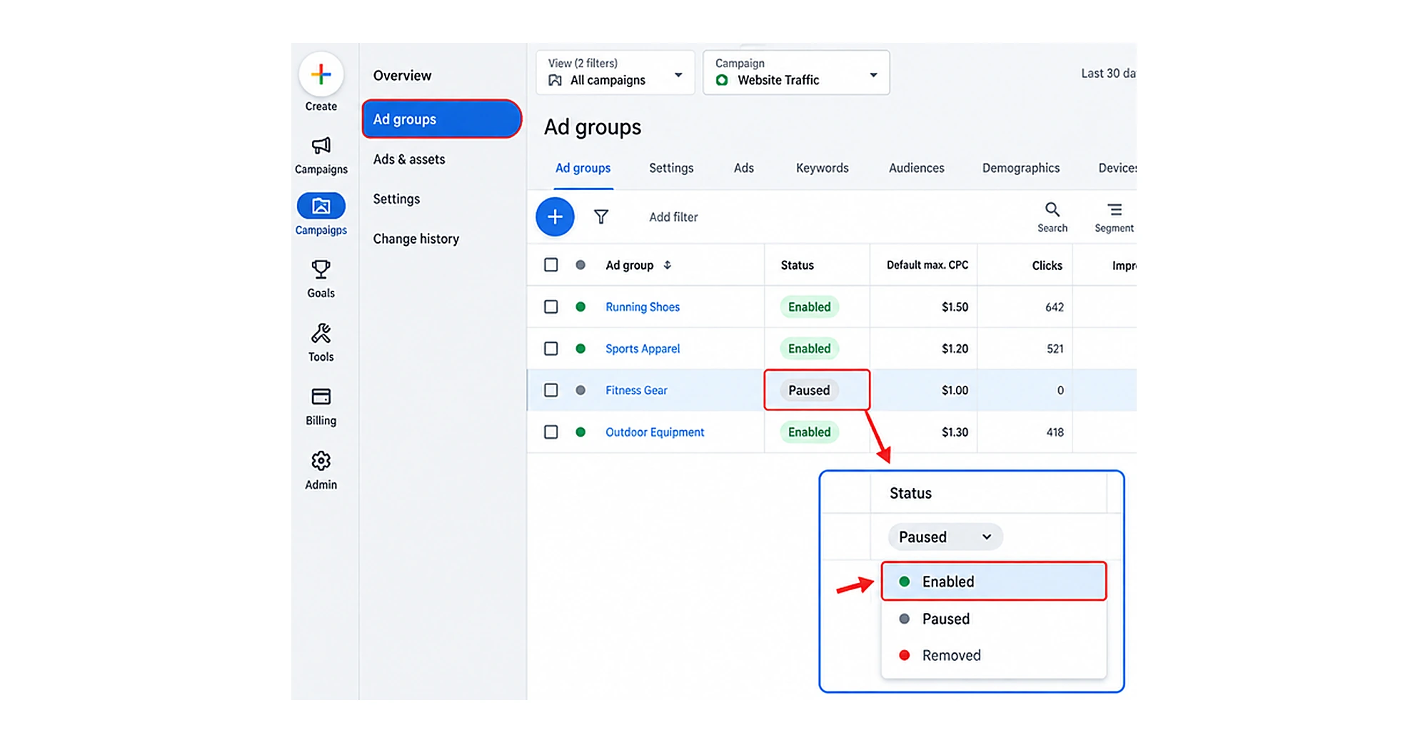 Enabling a paused ad group in Google Ads