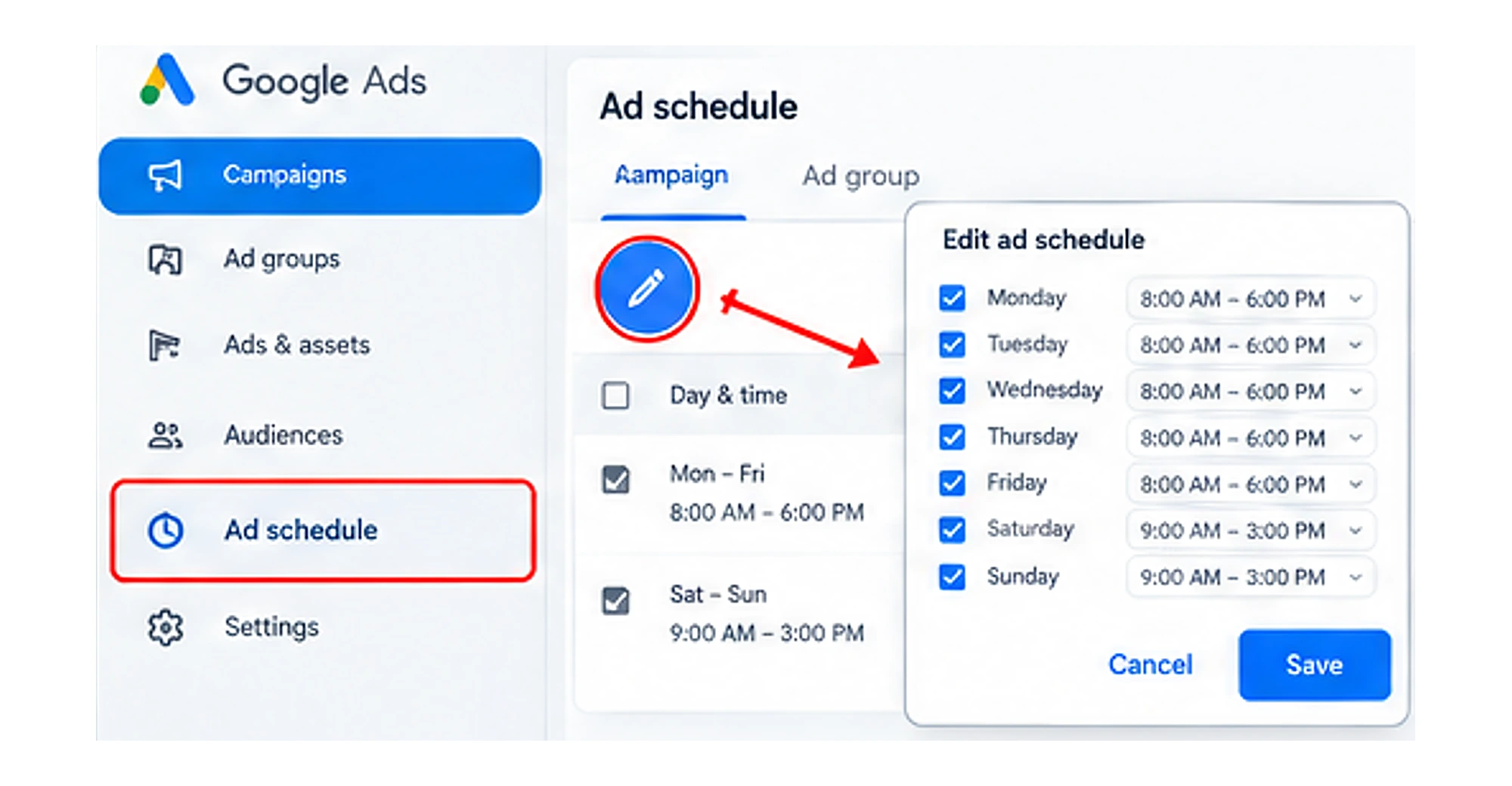 Ad schedule settings in Google Ads