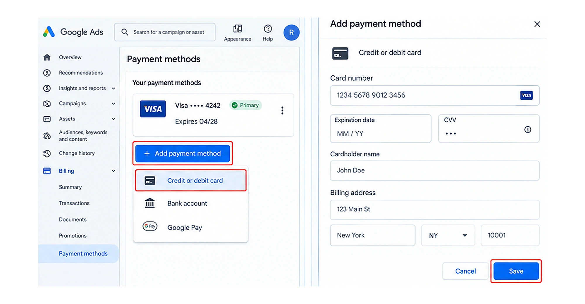 Adding a backup payment method in Google Ads