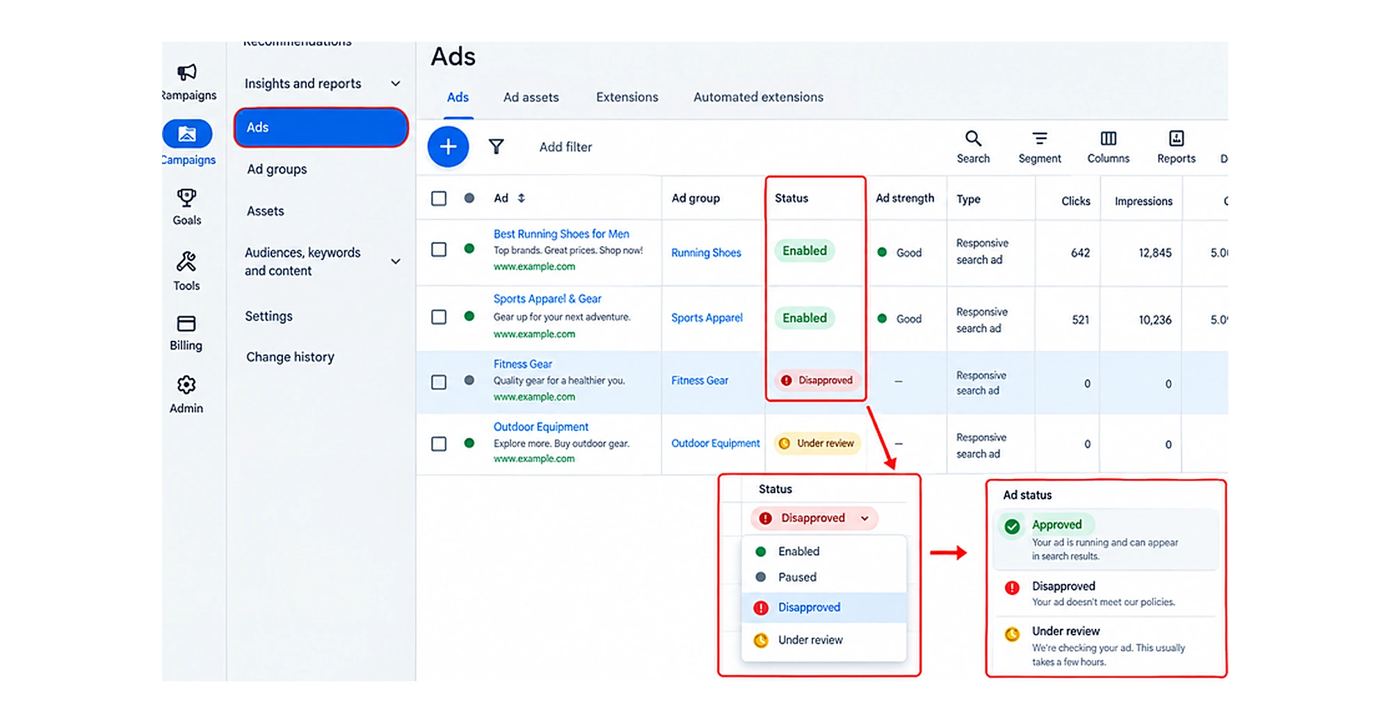 Checking ad status in Ads and assets
