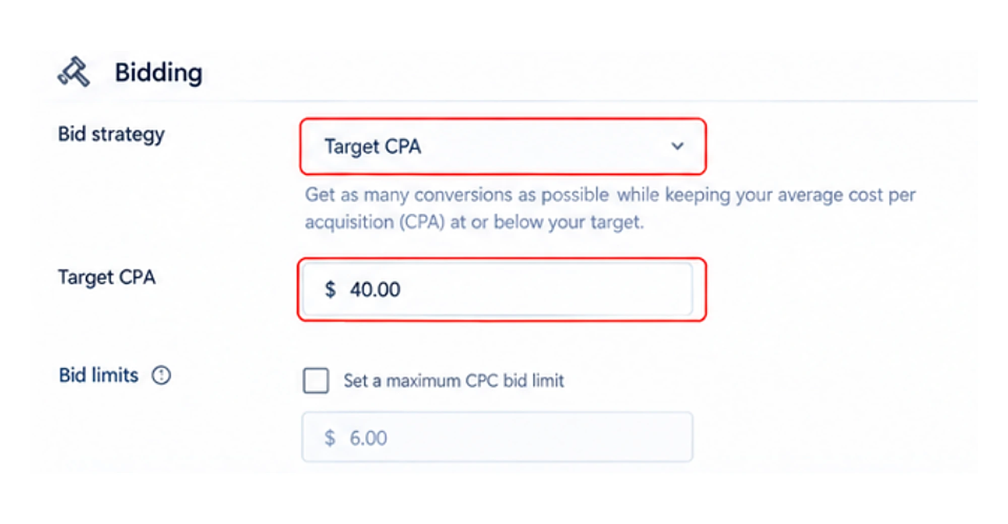 Bid strategy and target CPA settings