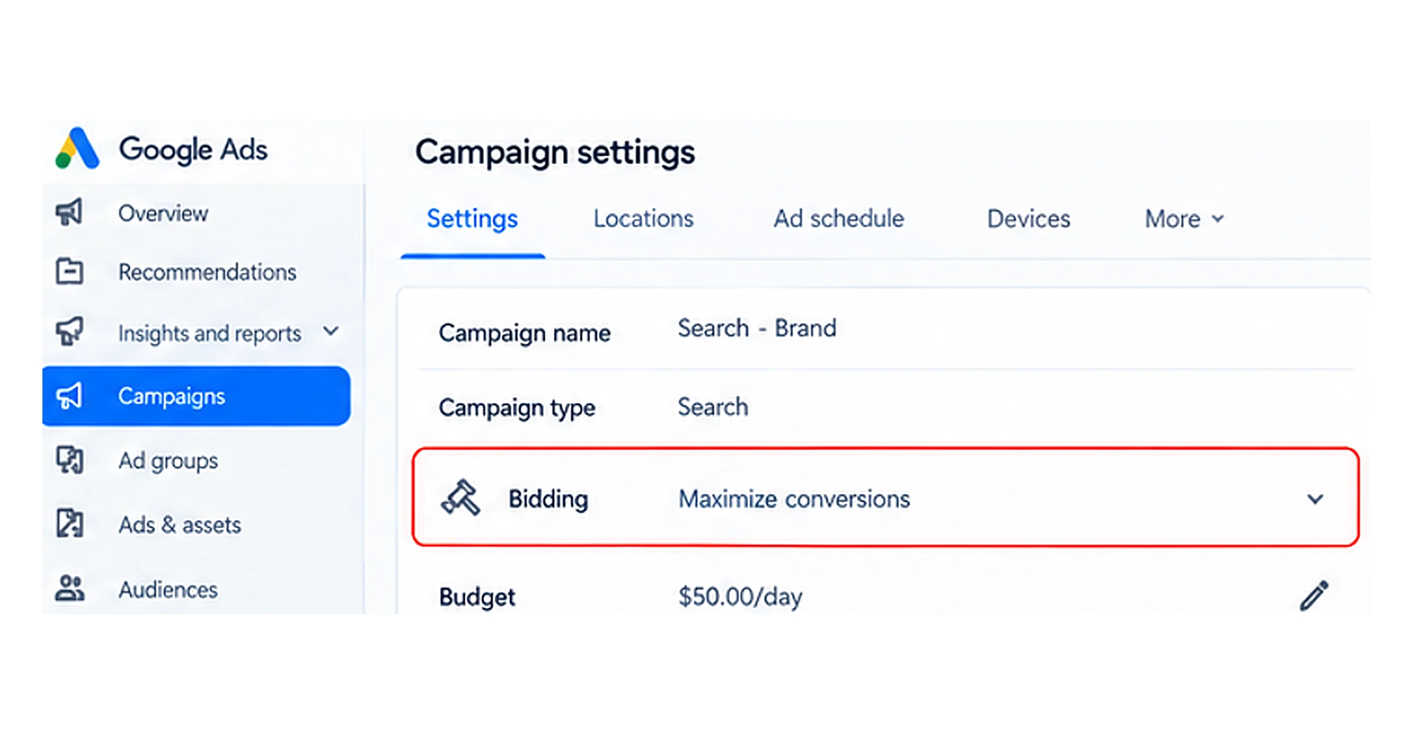 Bidding section in Google Ads campaign settings