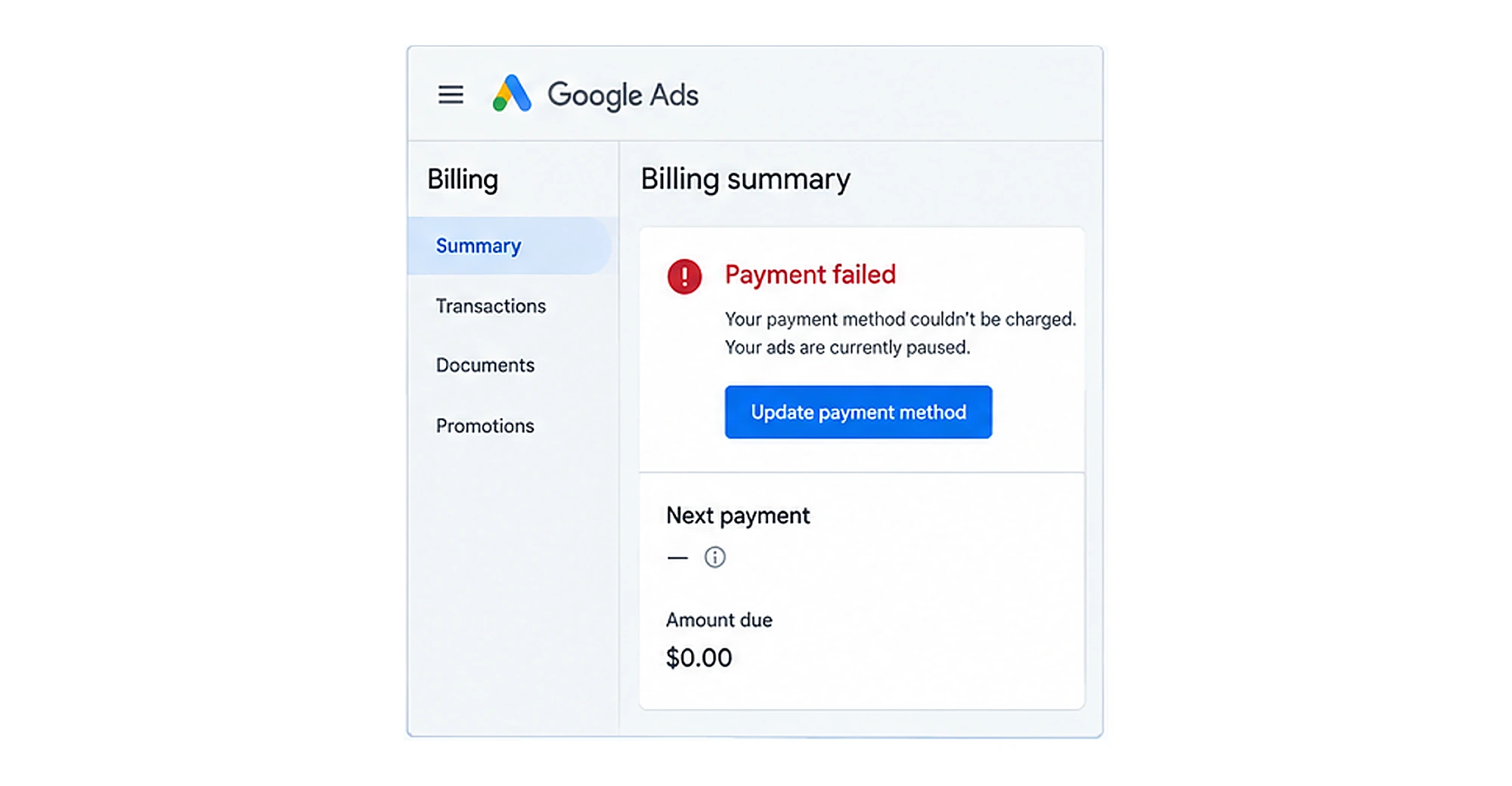 Billing summary showing payment failure reasons