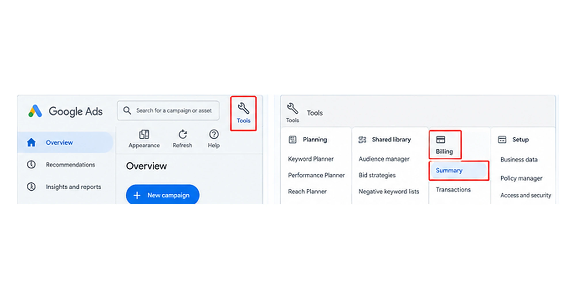 Google Ads billing summary under Tools