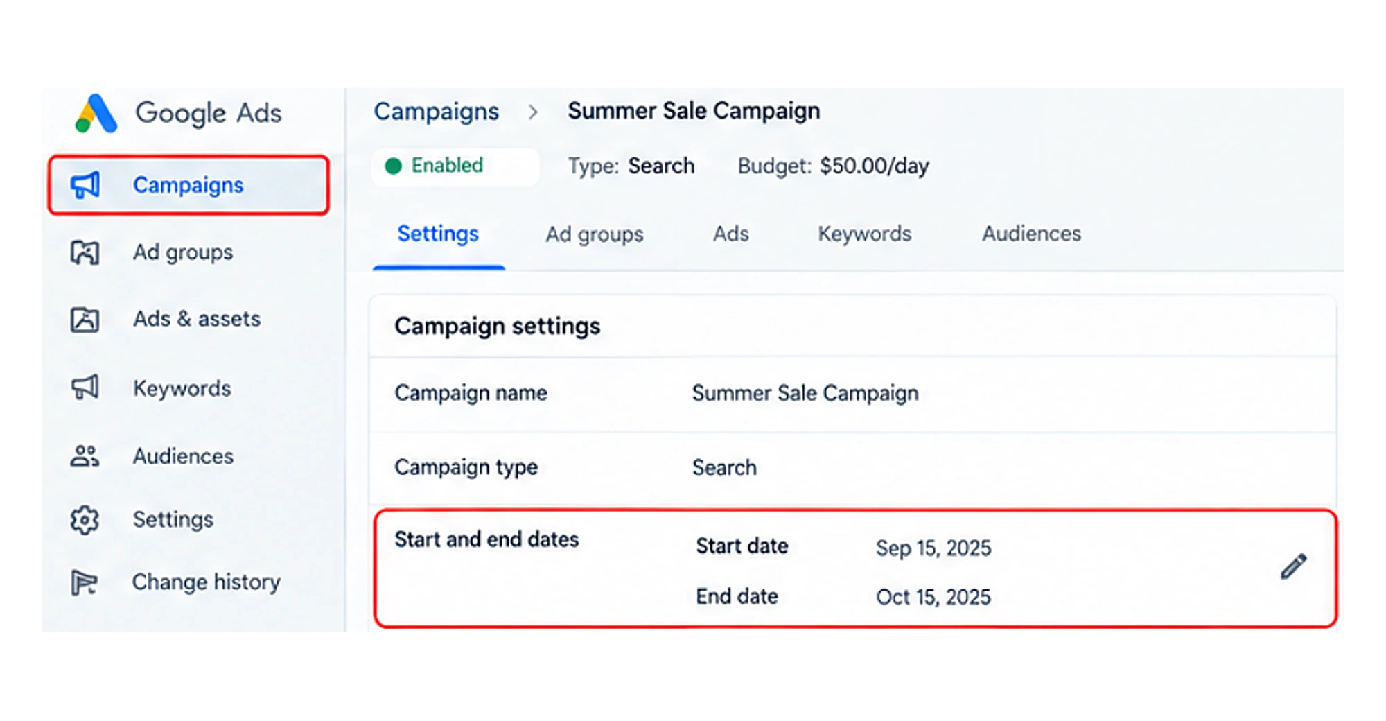 Campaign start and end date settings