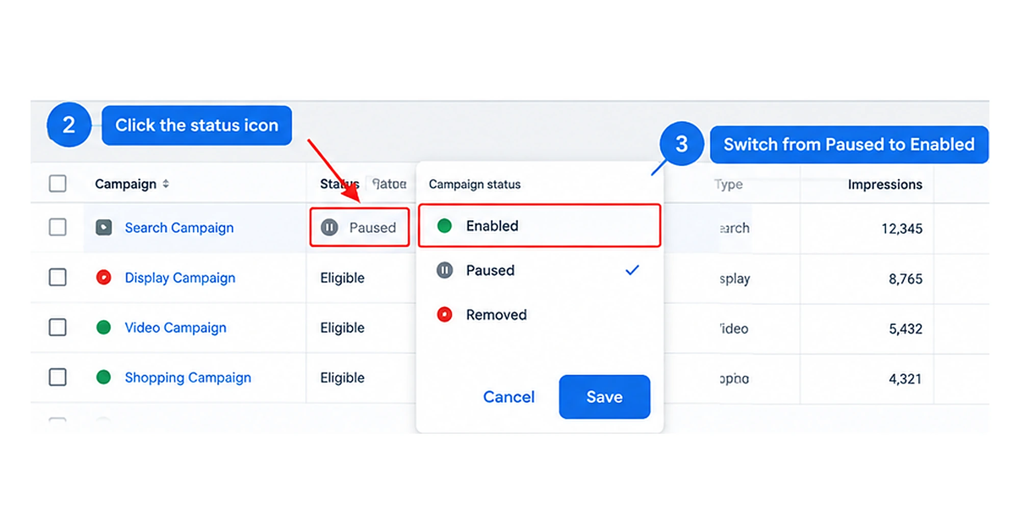 Changing campaign status to Enabled in Google Ads