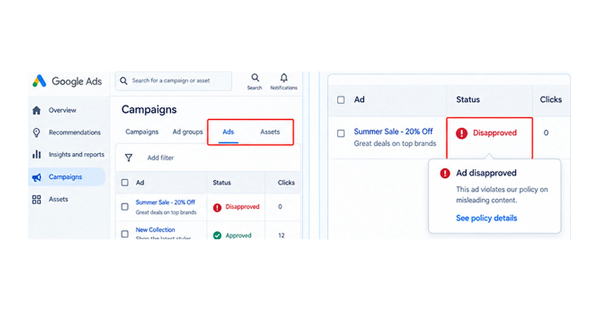 Disapproved status in the Google Ads status column