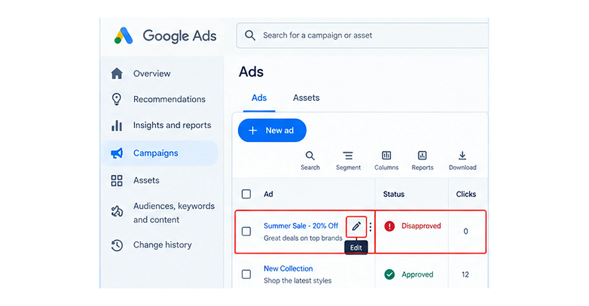 Editing a disapproved ad in Google Ads