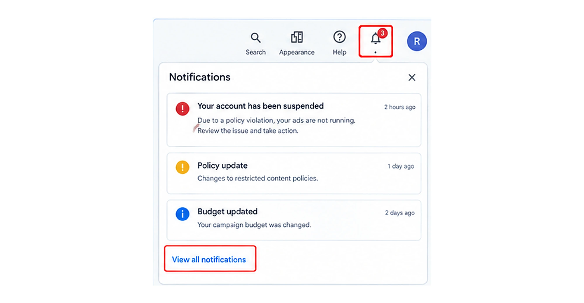 Google Ads notification bell alerts