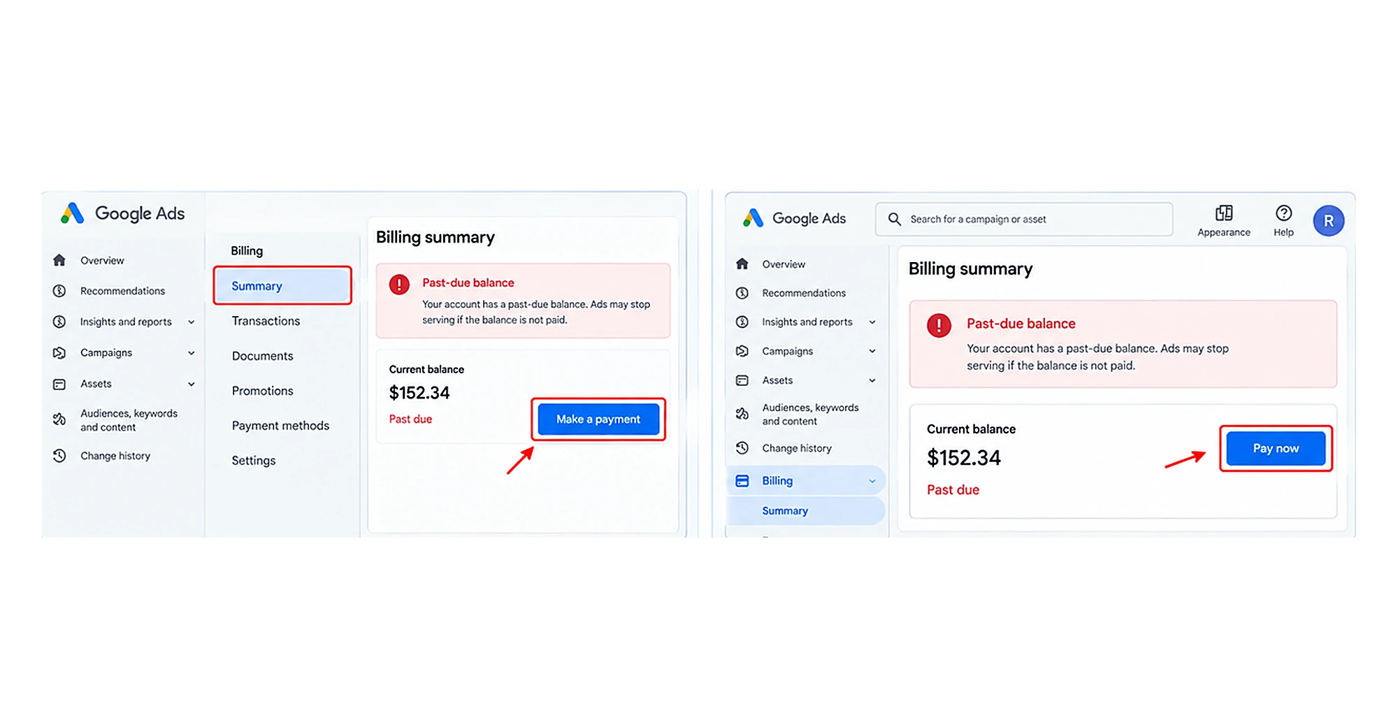 Outstanding balance in Google Ads billing summary
