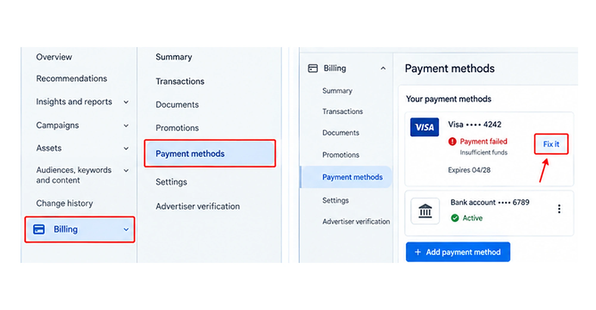 Payment methods page with Fix it option