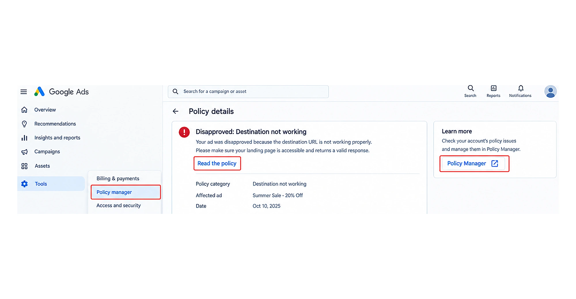 See policy details for a disapproved ad