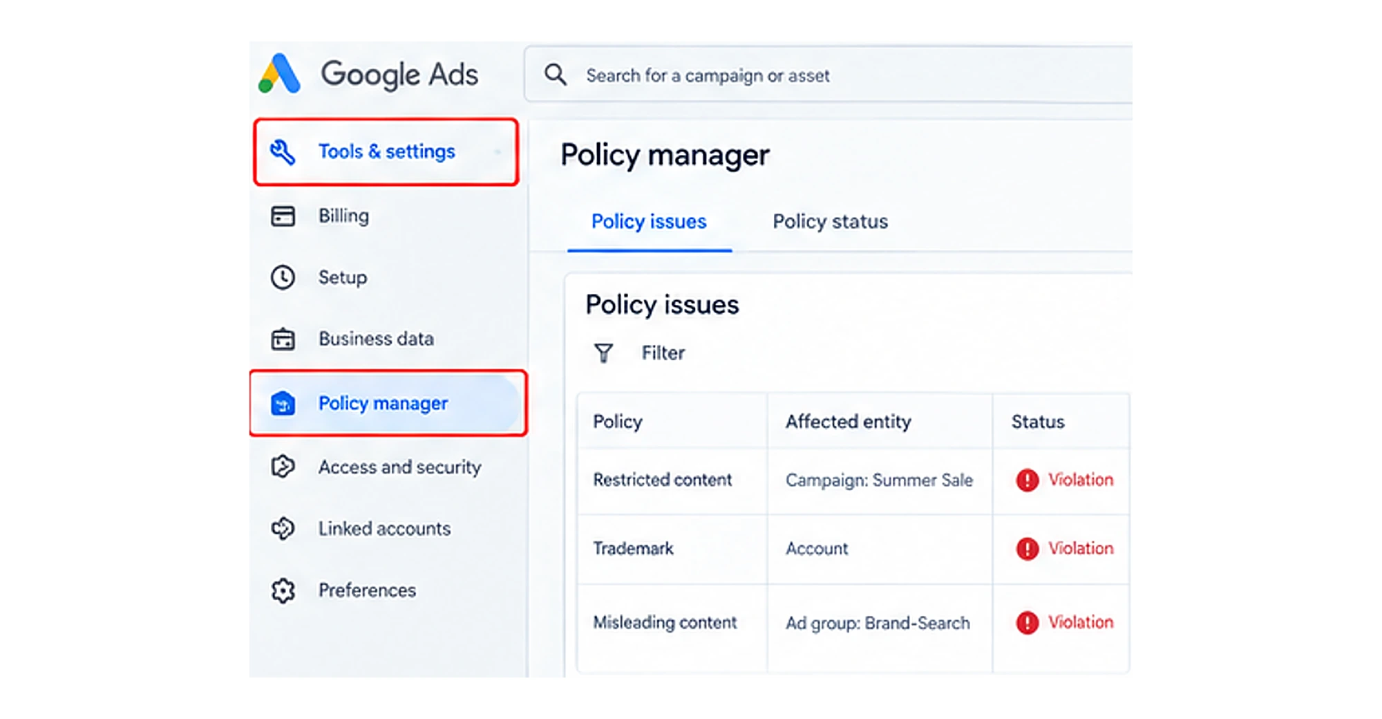 Google Ads account suspension notice